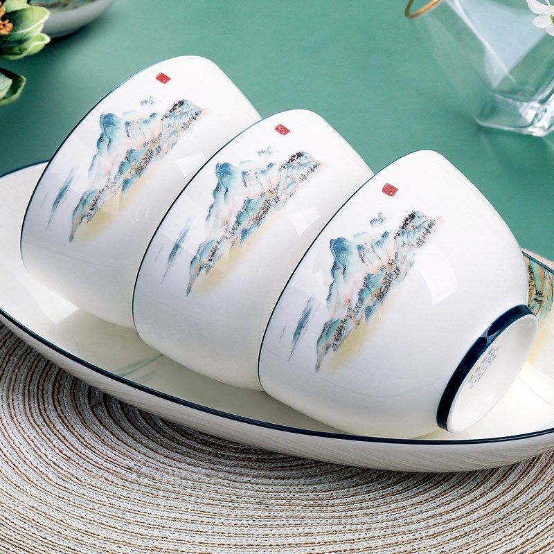 速发陶瓷碗家用组合新中式加厚防烫微中彩健康餐吃可釉波具饭面汤