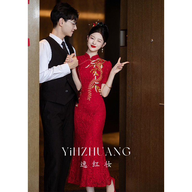 速发酒红阁鱼尾敬色服旗袍2024新款新娘订婚礼服秋冬中式出酒宴连