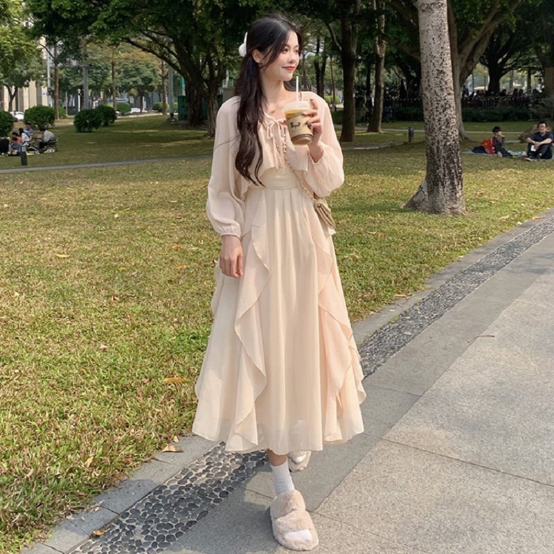 速发大码装春款纯欲设计感荷叶边吊带连衣裙开衫仙