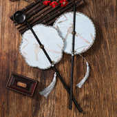 原创竹叶提花异形竹帘腰扇紫竹长柄可折叠旋转团扇汉服配饰手持扇