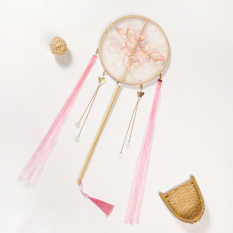 종려 팬 어린이 팬 패션쇼 HANFU 걸그룹 팬 궁전 팬 작은 자수 고대 스타일 긴 손잡이 댄스 팬 스 트리머 라운드 팬