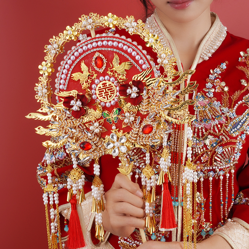 团扇新娘结婚diy材料秀禾婚礼喜扇婚扇高级出嫁扇子成品中式新婚