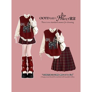 女童新年学院风连衣裙子巨好看的冬装女大童红色毛衣百褶裙初中生