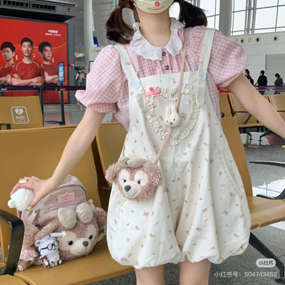 韩系可爱温柔千金纯欲风碎花背带连衣裙叠穿格纹短袖衬衫两件套装