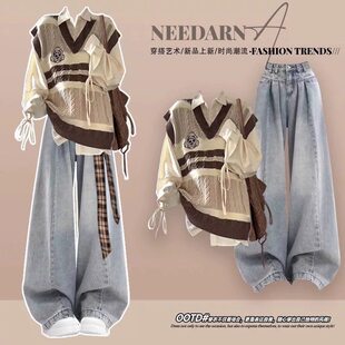 秋季初中生穿搭一整套15少女14岁衬衫马甲12牛仔裤青少年女装套装