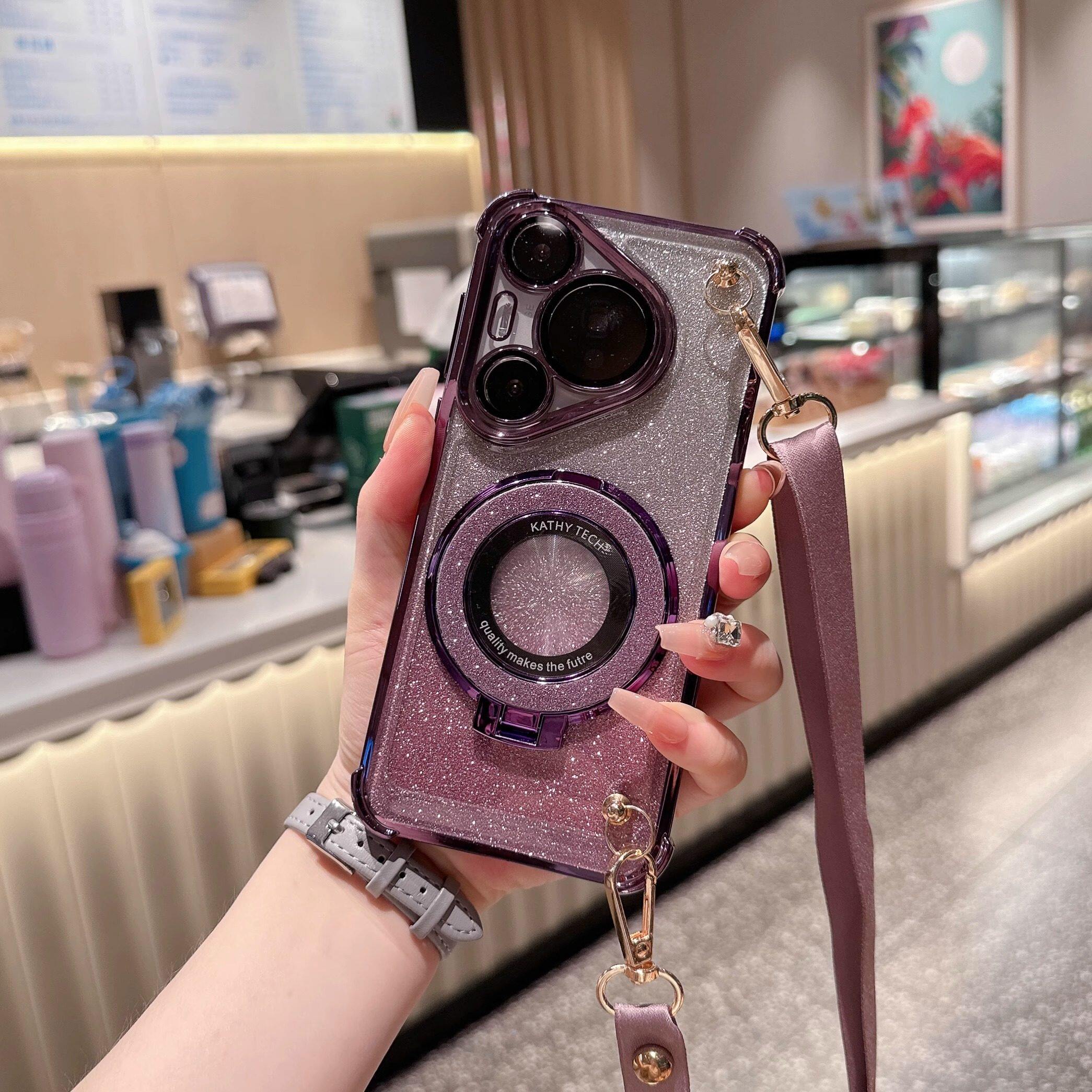 适用华为Pura70手机壳荣耀magic6斜挎mate60/50/40pro+可背带挂绳套电镀闪粉磁吸支架新款全包防摔女潮Ultra