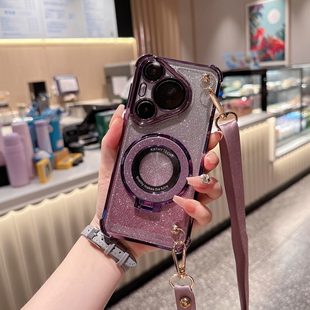 适用华为Pura70手机壳荣耀magic6斜挎mate60/50/40pro+可背带挂绳套电镀闪粉磁吸支架新款全包防摔女潮Ultra