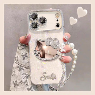 猫咪镜子适用苹果17promax手机壳新款高级感贝壳纹外壳iphone16Pro带手链奢华女款15Plus全包14P防摔13保护套