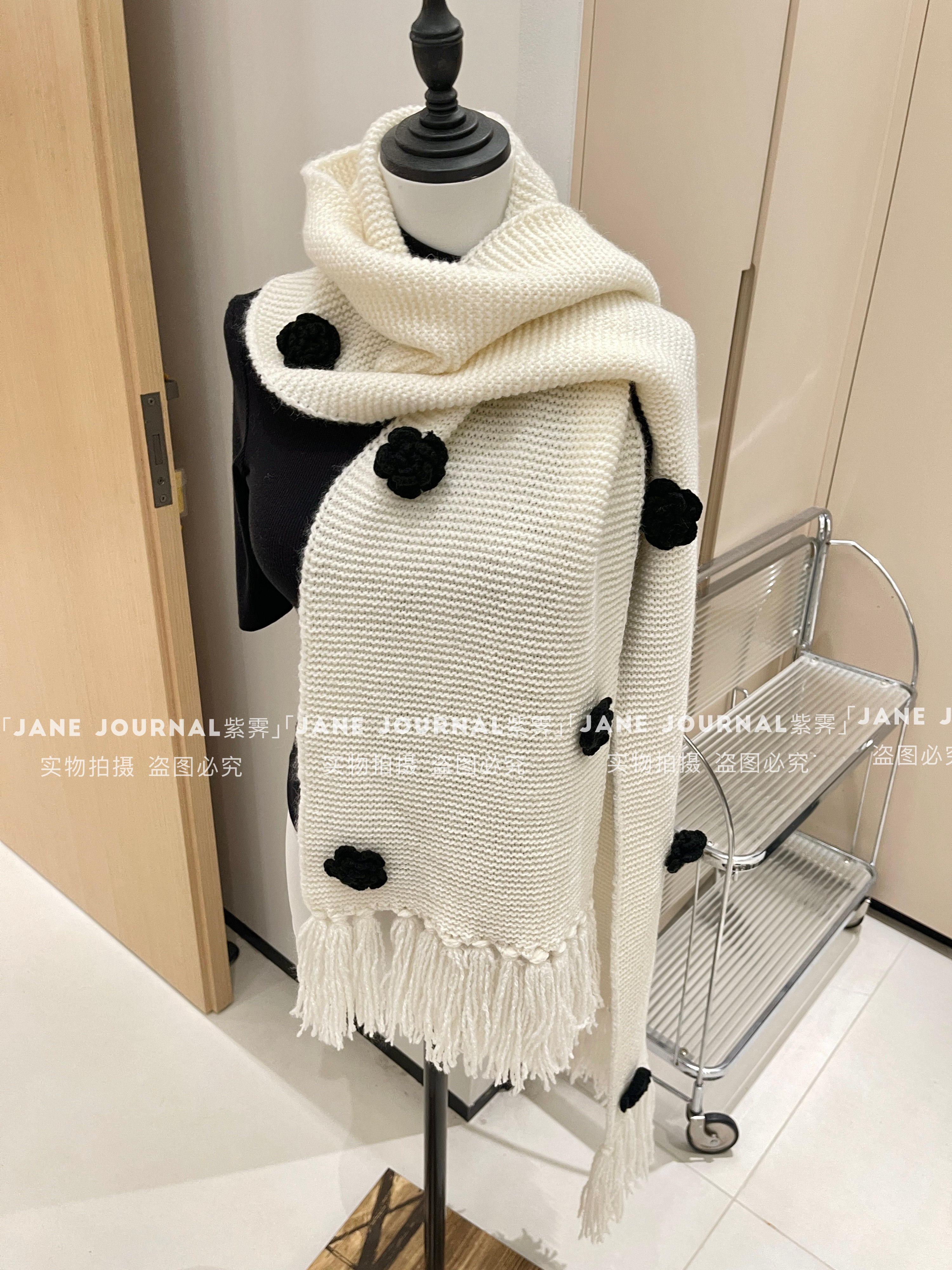 Jane·日单手工立体玫瑰花小香风针织围巾流苏氛围感秋冬保暖女