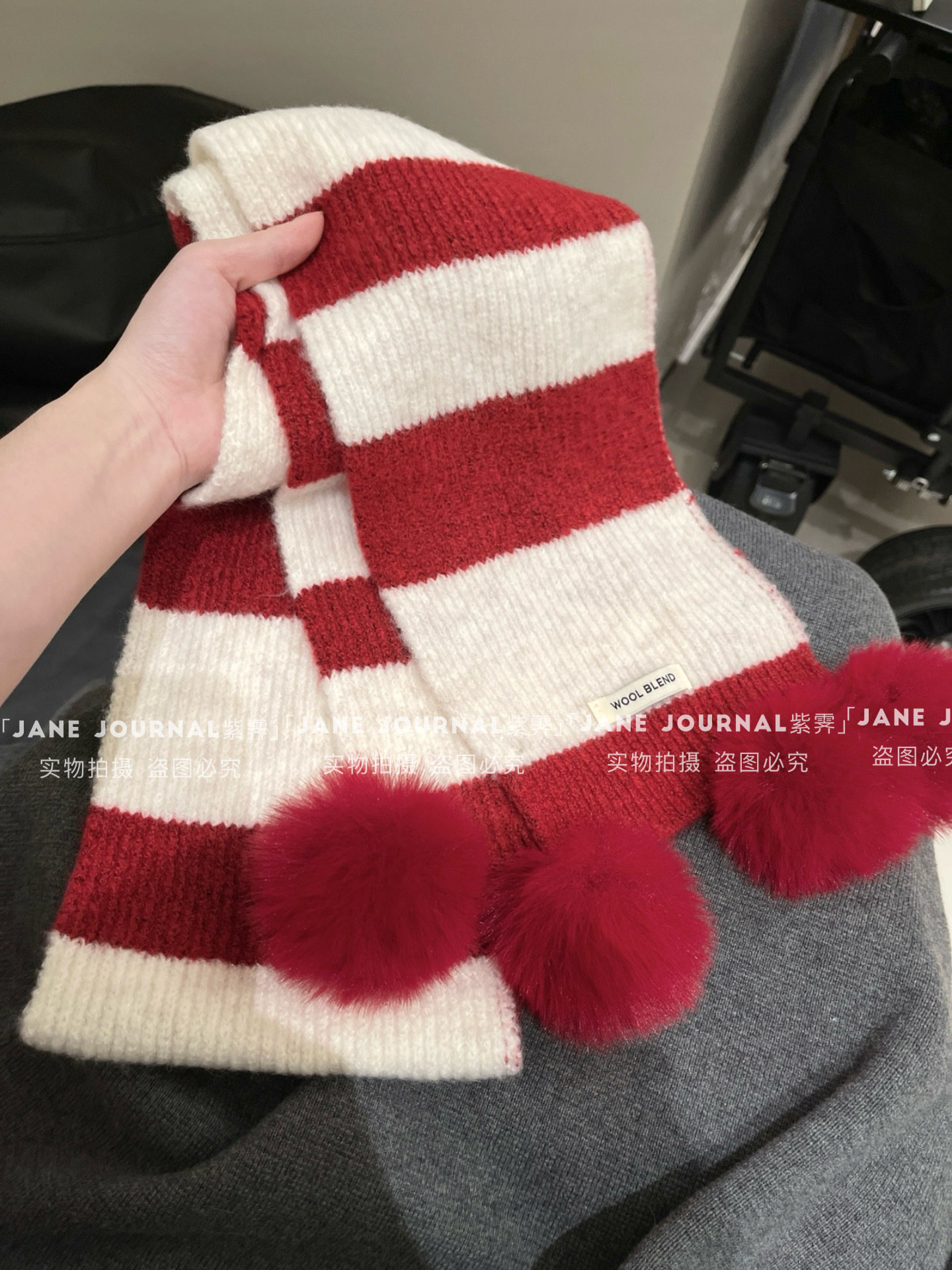 Jane·韩版粗条纹毛球氛围感针织围巾女秋冬百搭保暖护颈软糯送礼