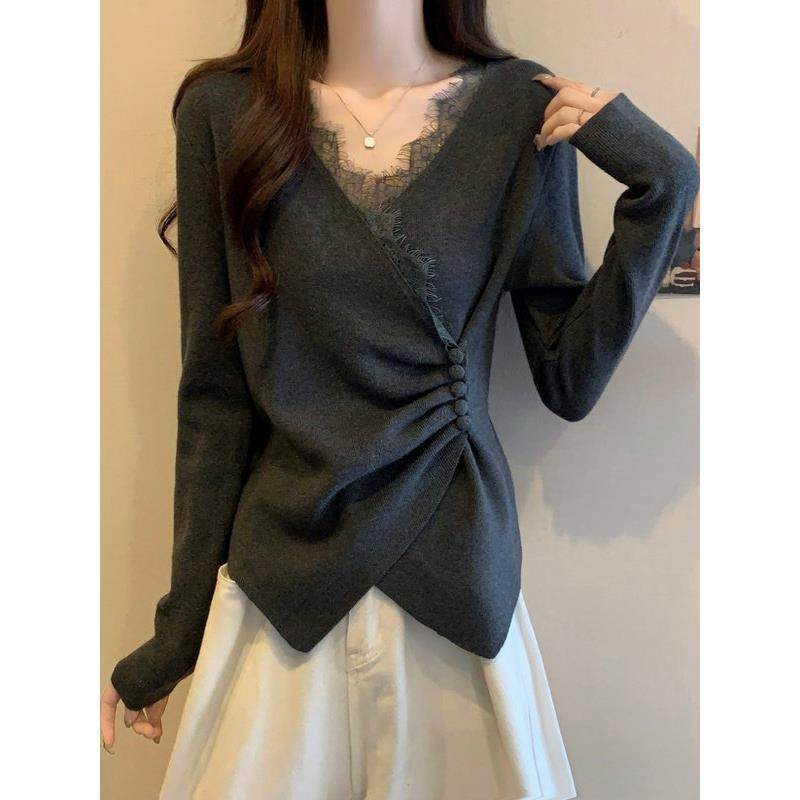 欧货蕾丝V领高级感大码女装胖mm秋冬收腰遮肚毛衣内搭针织打底衫,个性定制/设计服务/DIY,棉服工装,淘宝优惠券,粉丝福利购,淘宝优惠卷