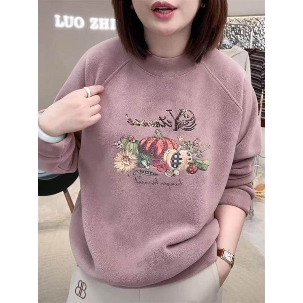 2025秋冬新款时尚加厚双面奥粒绒卫衣女休闲百搭保暖立领刺绣上衣