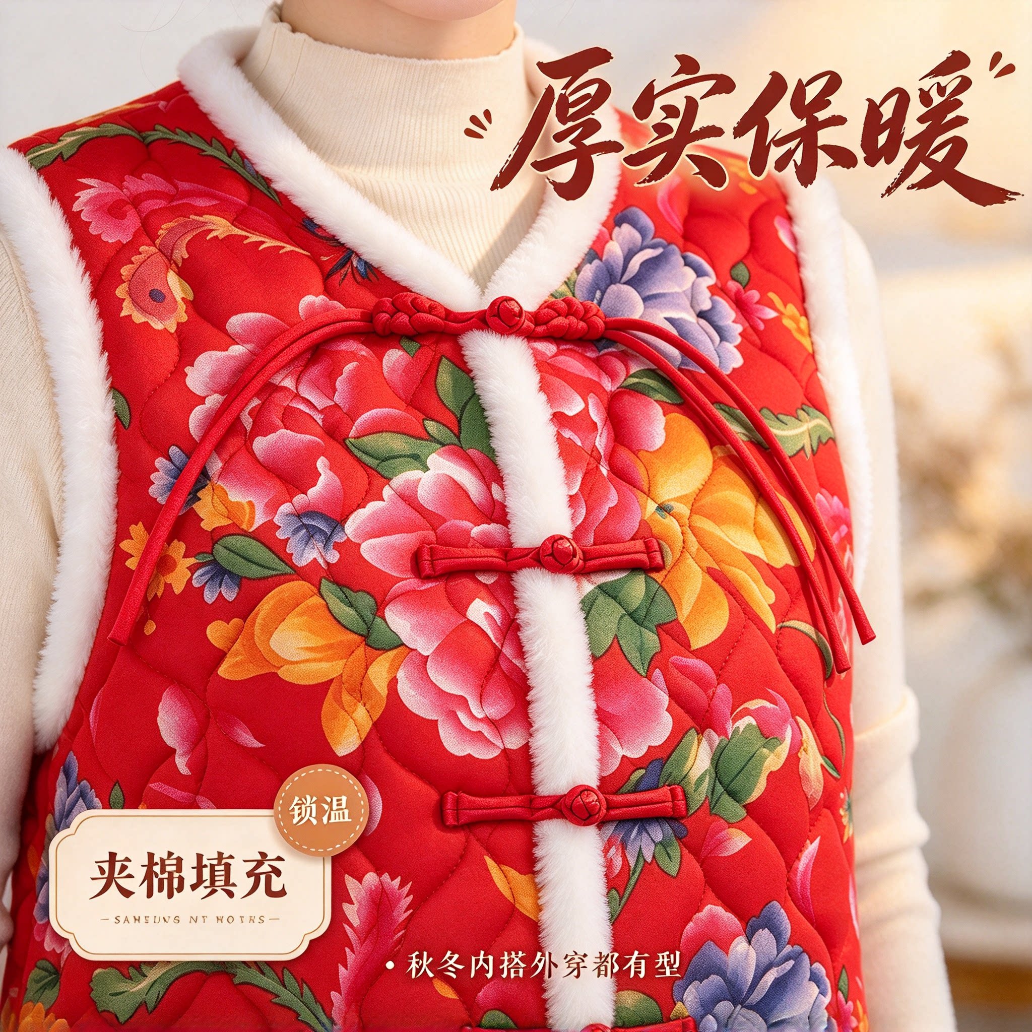 东北花马甲加绒加厚毛领盘扣马夹