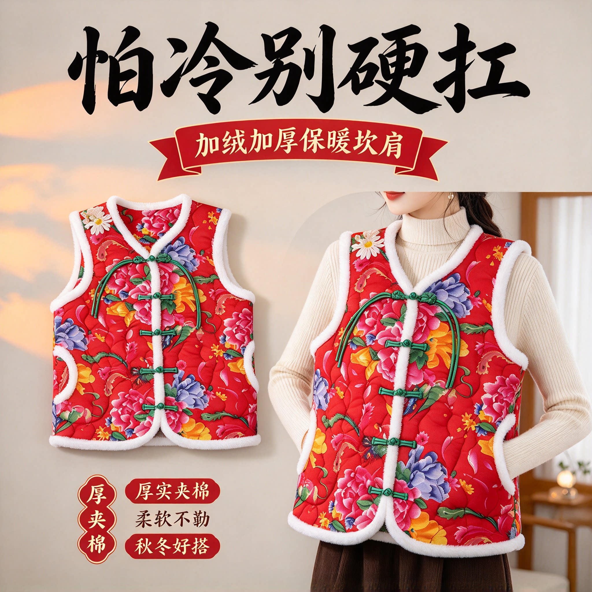 东北花马甲加绒加厚毛领盘扣马夹