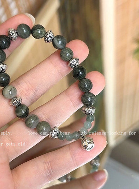 新中式复古串珠莲蓬手链女小众设计民族风墨绿色手串配饰品日韩