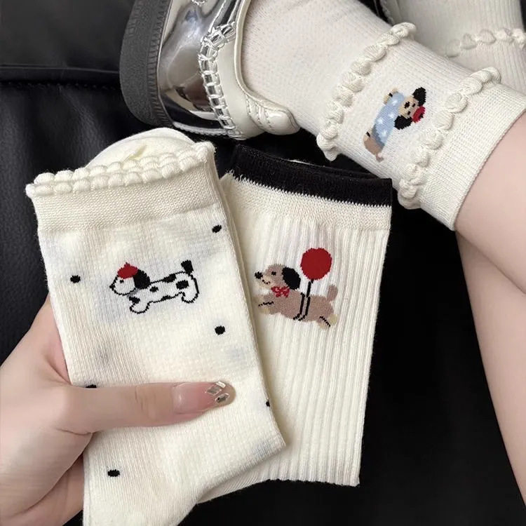 可爱小狗花边学院风女中筒袜