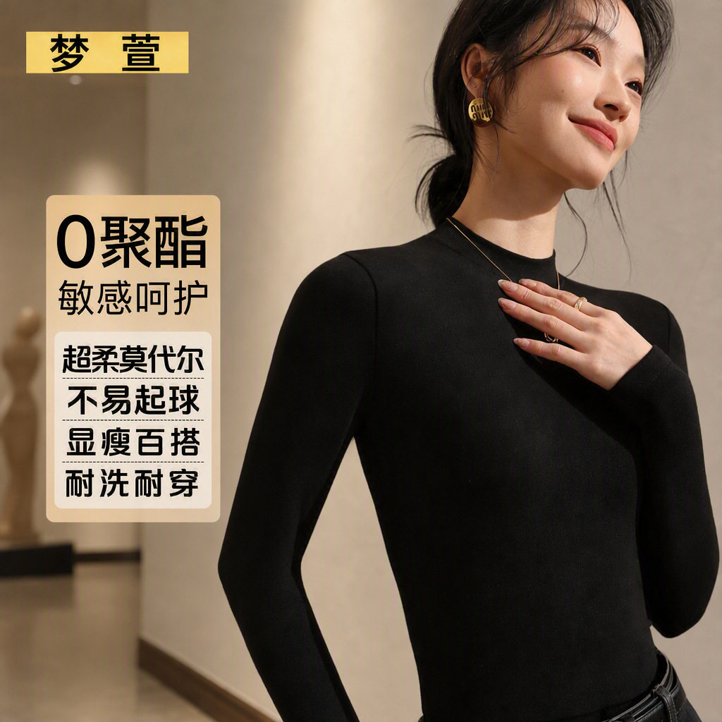 莫代尔半高领长袖显瘦打底衫女