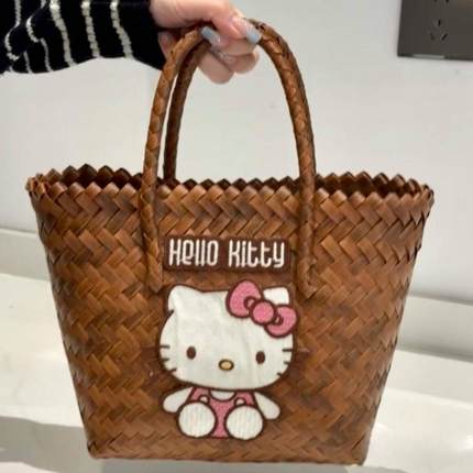 可爱HelloKitty藤编包夏季海边卡通单肩包少女可爱kt猫网红大容量
