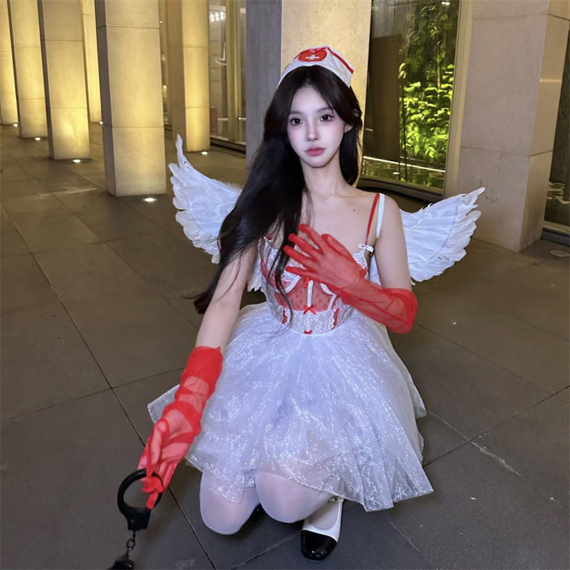 甜辣拍照道具万圣节护士cos发箍头箍红色网纱手套纯欲小天使恶魔
