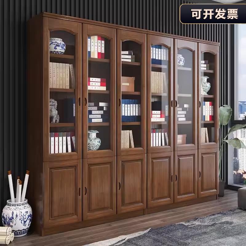 实木橡木书柜带钢化玻璃门三门中式书架储物现代书橱办公室文件柜