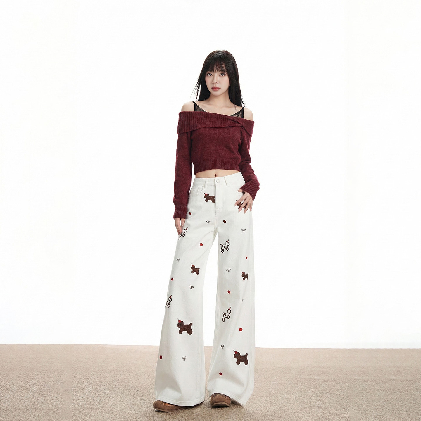 小狗刺绣阔腿牛仔裤女2026新款复古高腰宽松显瘦百搭休闲裤米白色,女装/女士精品,牛仔裤,淘宝优惠券,粉丝福利购,淘宝优惠卷