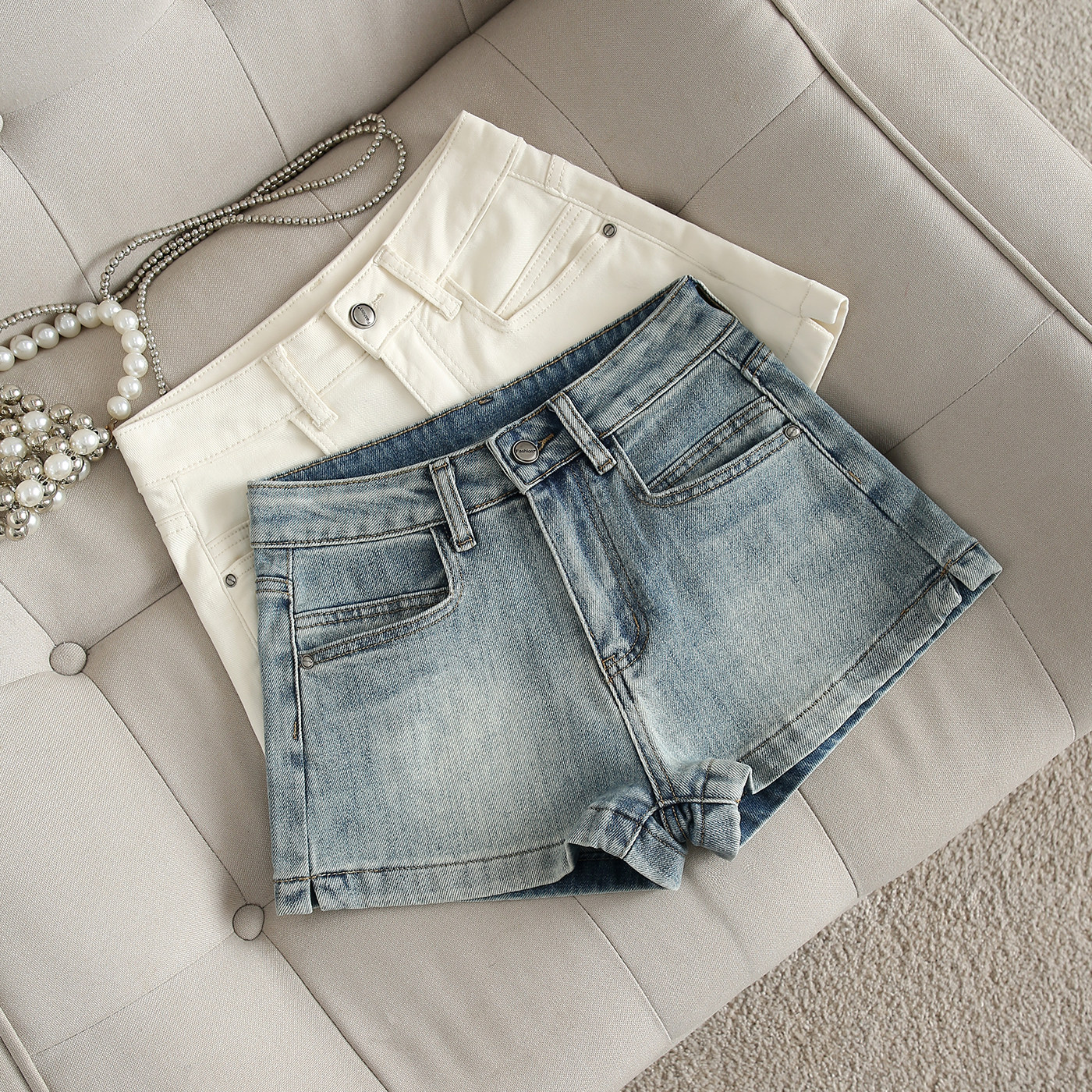 艾格美式复古蓝色牛仔短裤