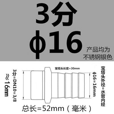 304不锈钢宝塔接头六角接水管软管皮插2/4/6分外丝转接头宝塔头