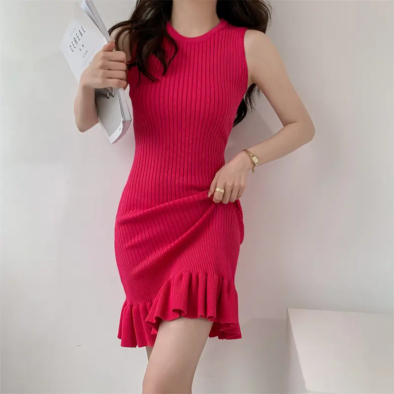 Fashion fishtail ruffled knit dress women slim sleeve mid-le