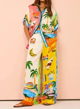 Printed colour blocking elastic waist pockets wide-legged ca