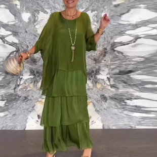 Bat Sleeve Round Fashion Long Mesh Neck Dresses Chiffon