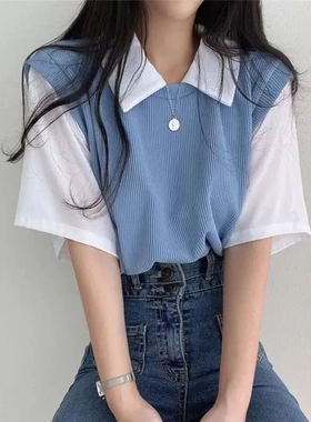 Lapel false two college style collision colour short-sleeved