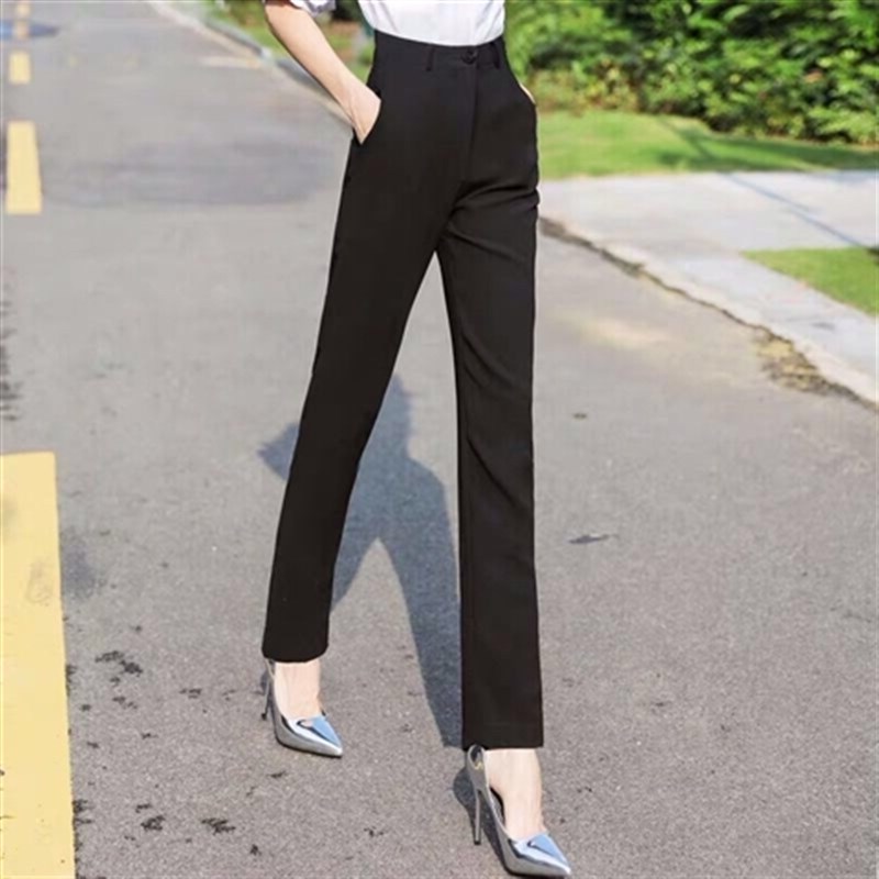 弹力夏季工作裤工作裤直筒黑色正式春季裤女士小腿裤职业女士西装