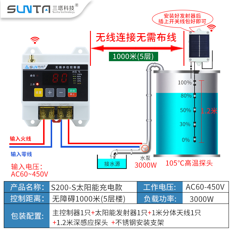 全自动无线远程水位控制器水泵水箱水塔2I20V液位遥控浮球感应开