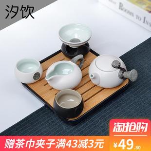 粗陶茶具功夫茶托小套装 整套家用办公白瓷日式 一壶两四杯过滤单人