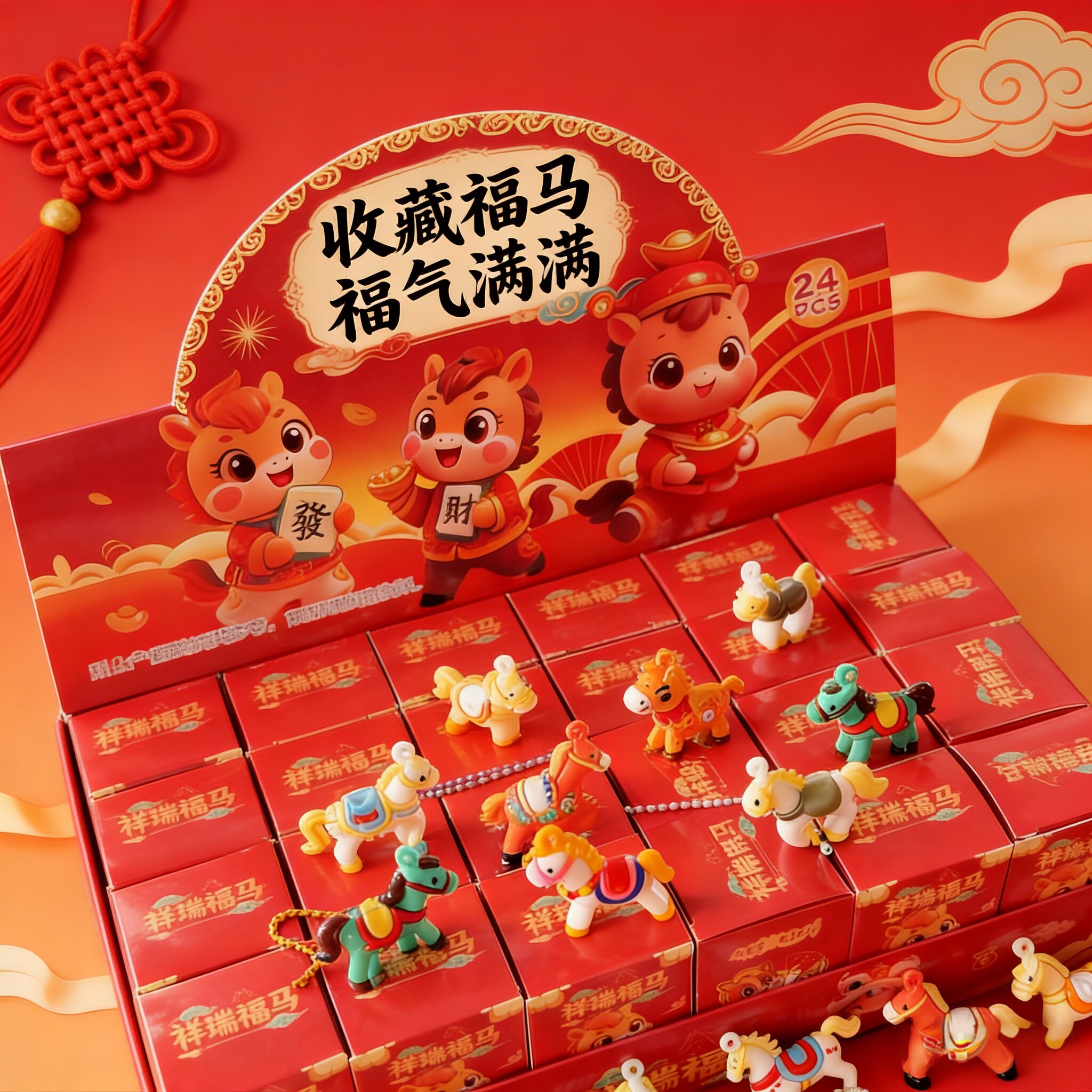 福马24盒装卡通可爱马年公仔盲盒新年本命年红色礼盒装收藏玩偶
