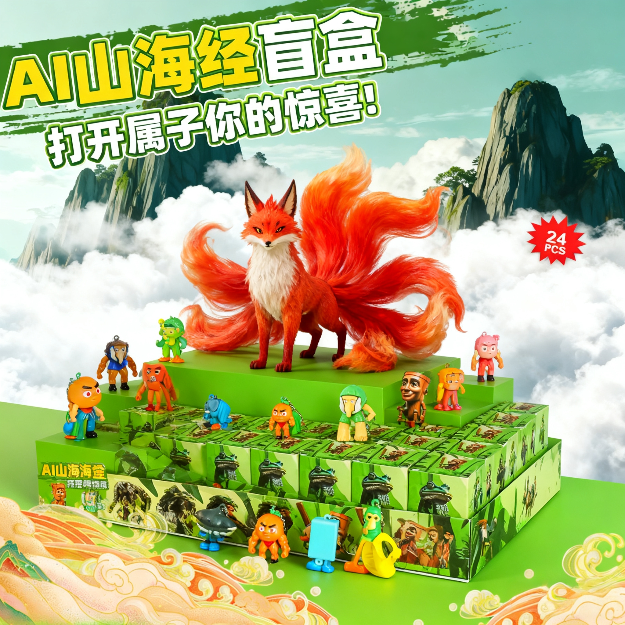 AI山海经盲盒玩具24件套洞洞乐儿童书包钥匙扣挂件公仔幼儿园奖品