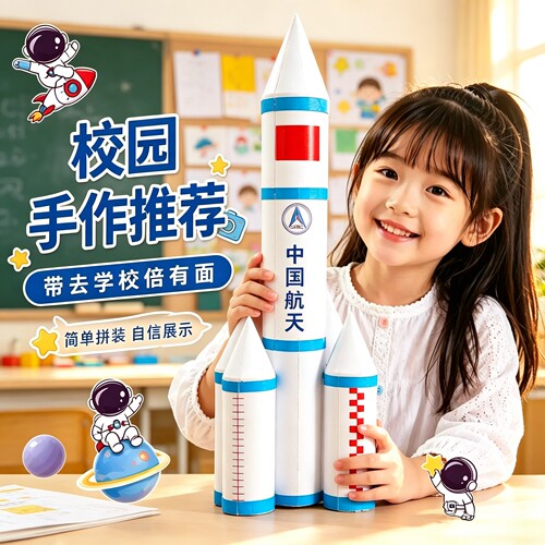 国庆节儿童手工制作火箭模型DIY拼装玩具中国航天主题幼儿园益智