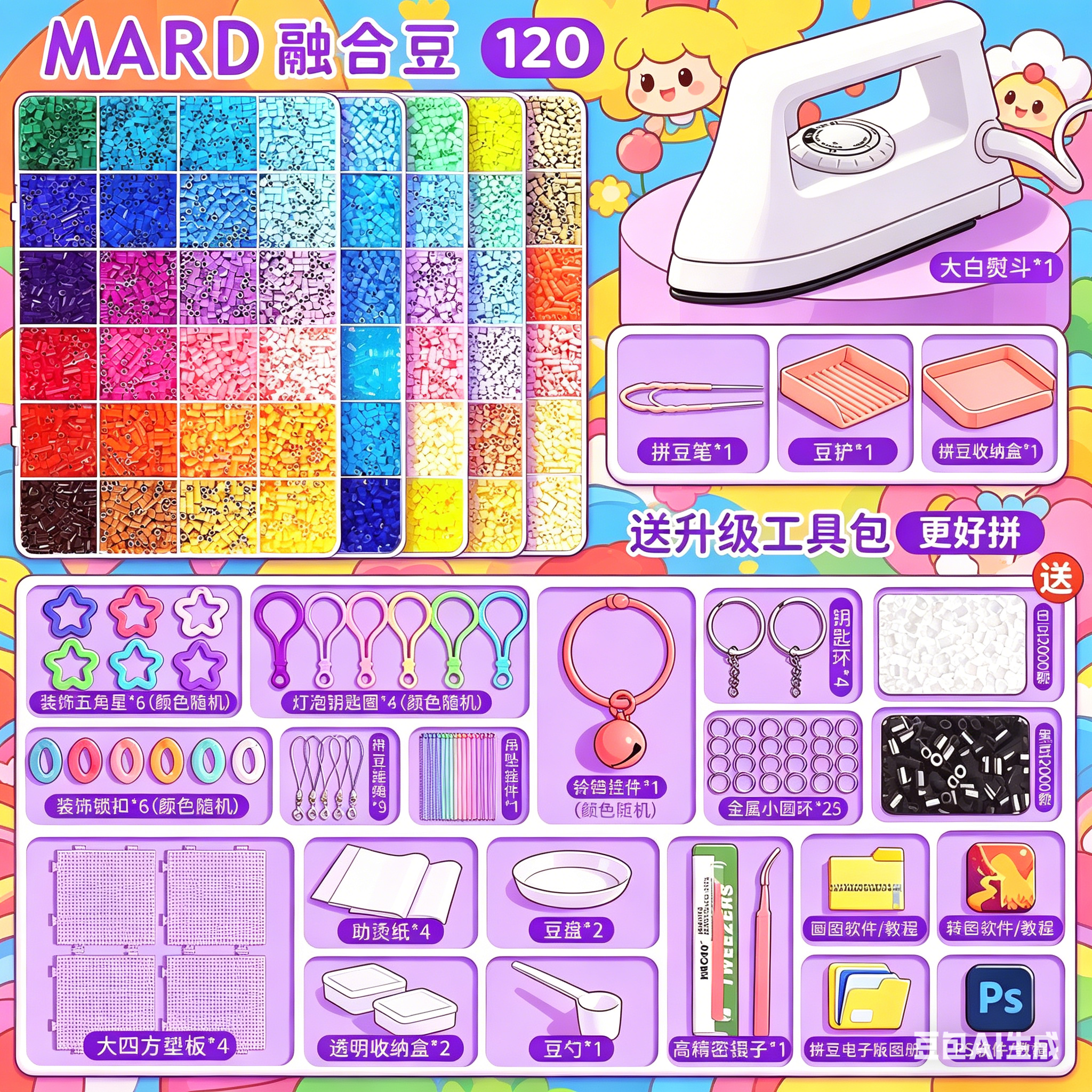 MARD拼豆材料包全套120色儿童益智手工拼图玩具拼豆套装全套工具