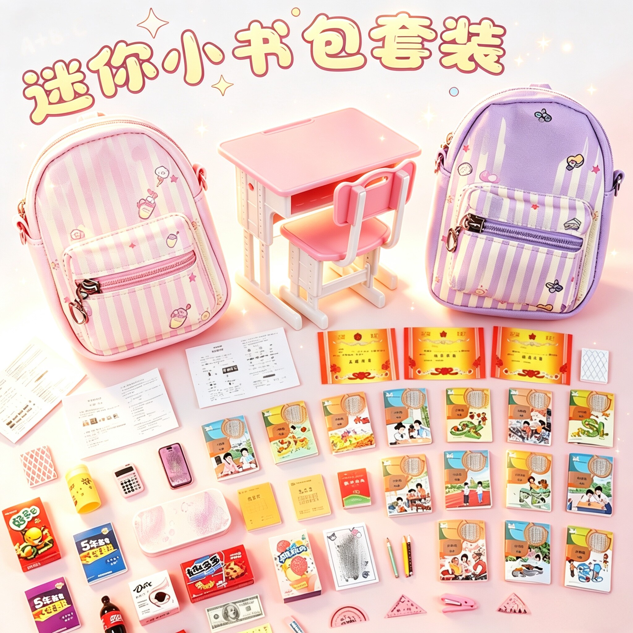 儿童迷你小书包过家家玩具女孩仿真文具包儿童生日礼物书包套装图片
