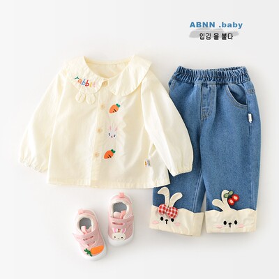 女童新款春装套装兔子上衣裤子小女孩直筒水洗牛仔裤儿童兔子刺绣