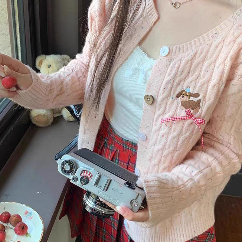 韩系可爱学院风薄款毛衣外套甜美可爱粉色麻花针织开衫女秋上衣