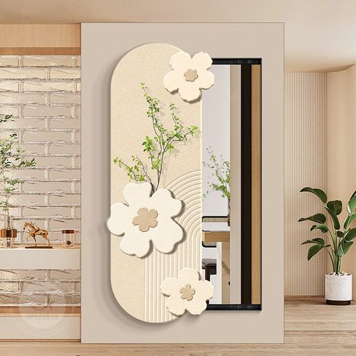 速发奶油风推全拉身装镜饰画肌理绿植隐藏式试衣镜花卉穿衣镜挂画