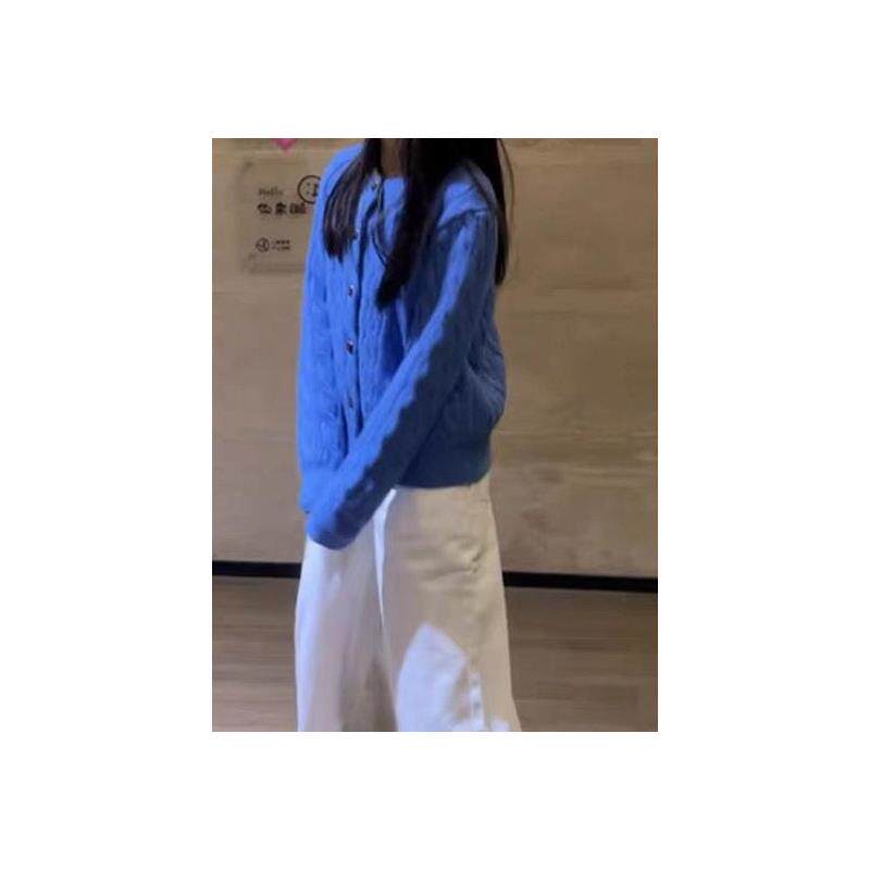 蓝色麻花针织开衫外套女