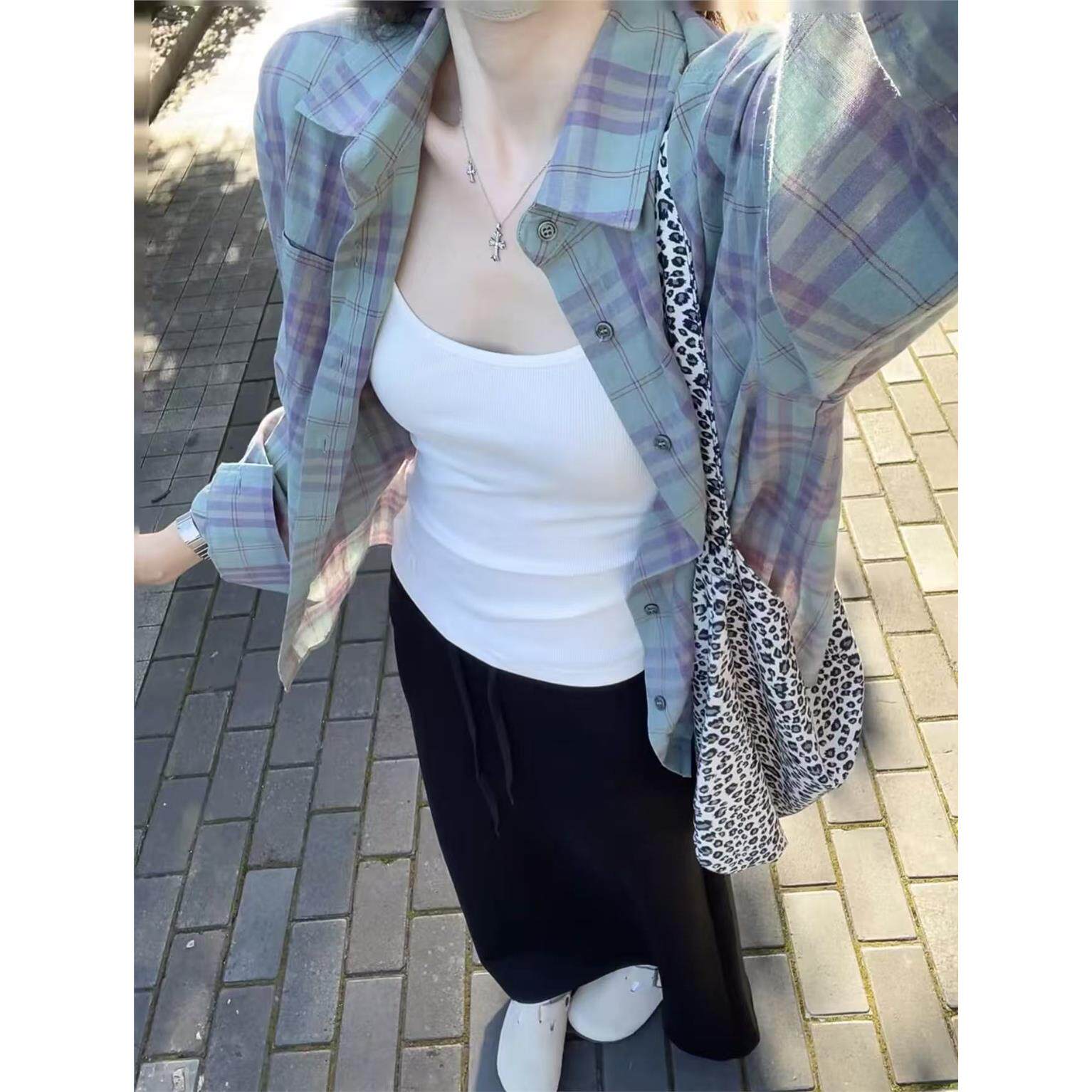 法式撞色格子长袖衬衫女