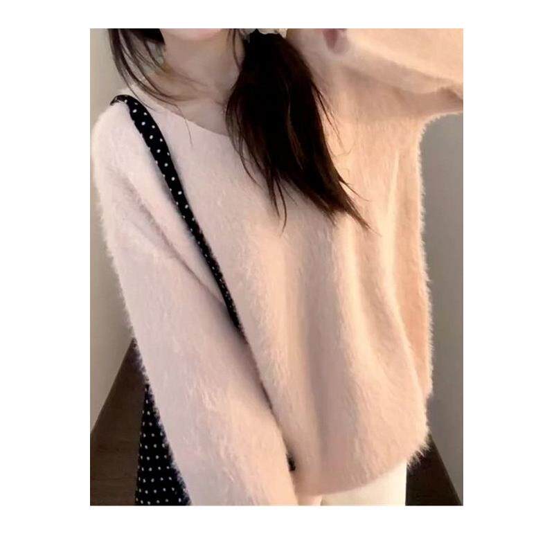 奶fu粉色v领毛衣女秋冬季