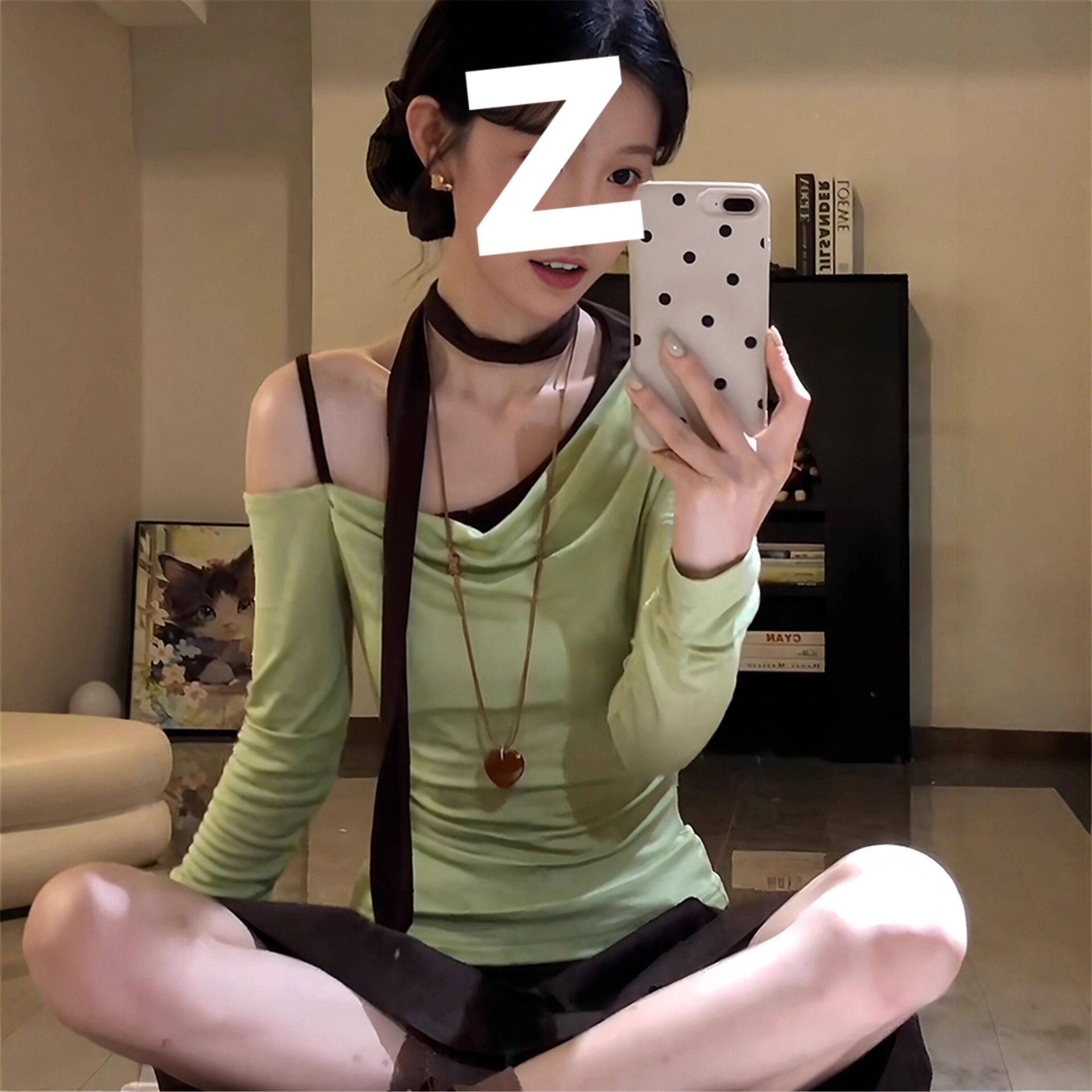 韩系绿色斜肩长袖t恤女早