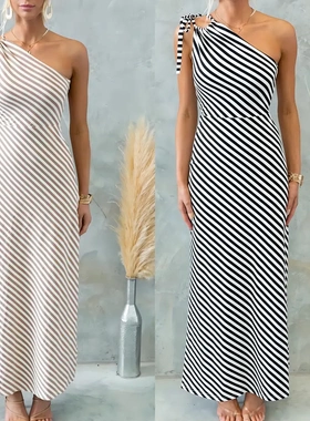 Striped Slim One Shoulder Tie Dress Women