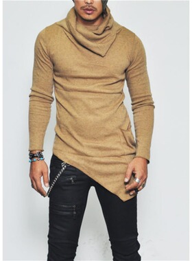 New long sleeved lapel irregular hem men hoodie pile collar