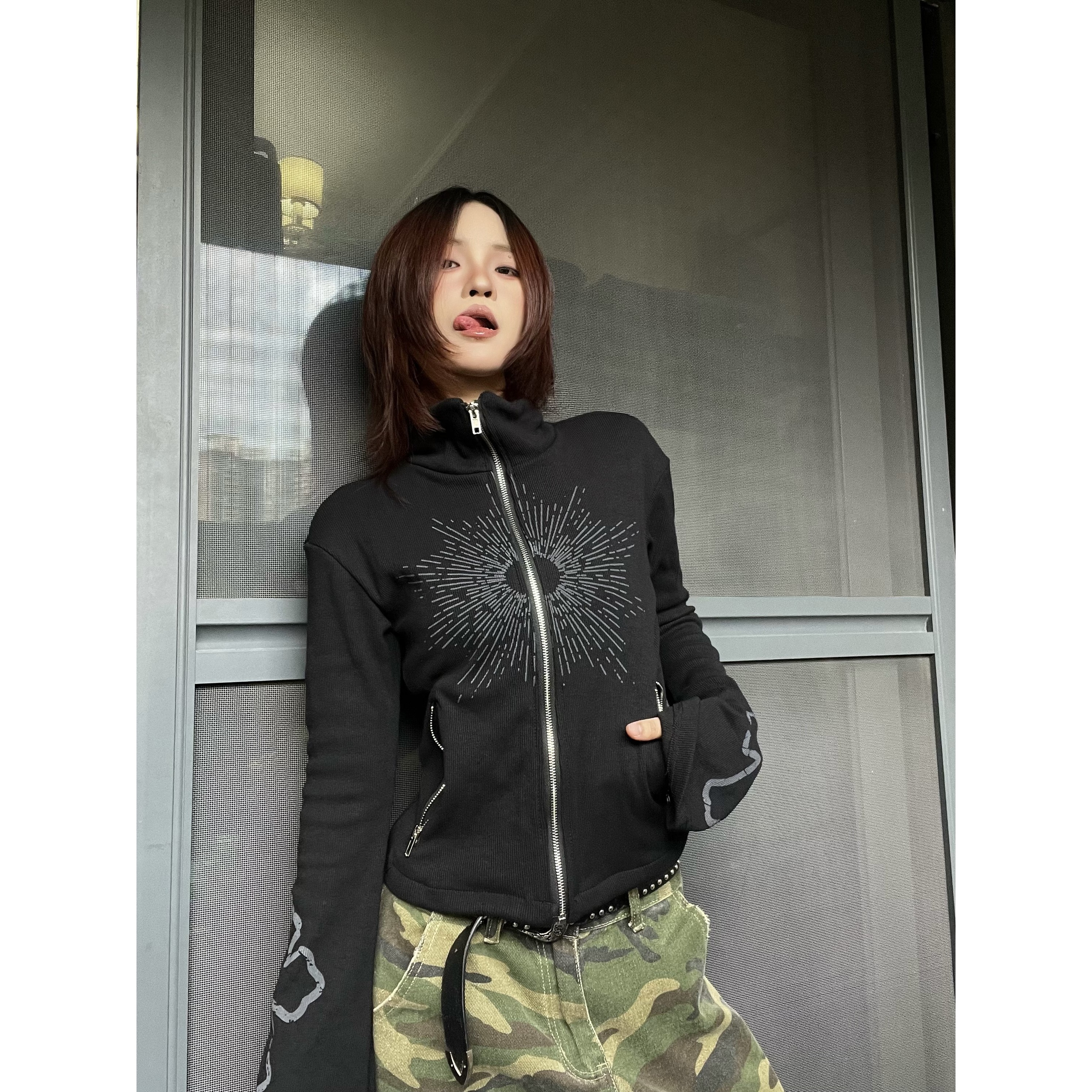 15GET 美式辣妹风十字架修身弹力拉链外套立领女款秋季黑色上衣