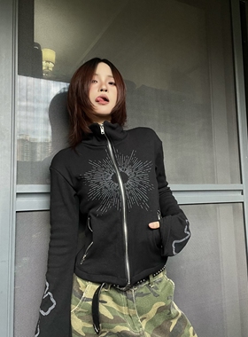 15GET 美式辣妹风十字架修身弹力拉链外套立领女款秋季黑色上衣